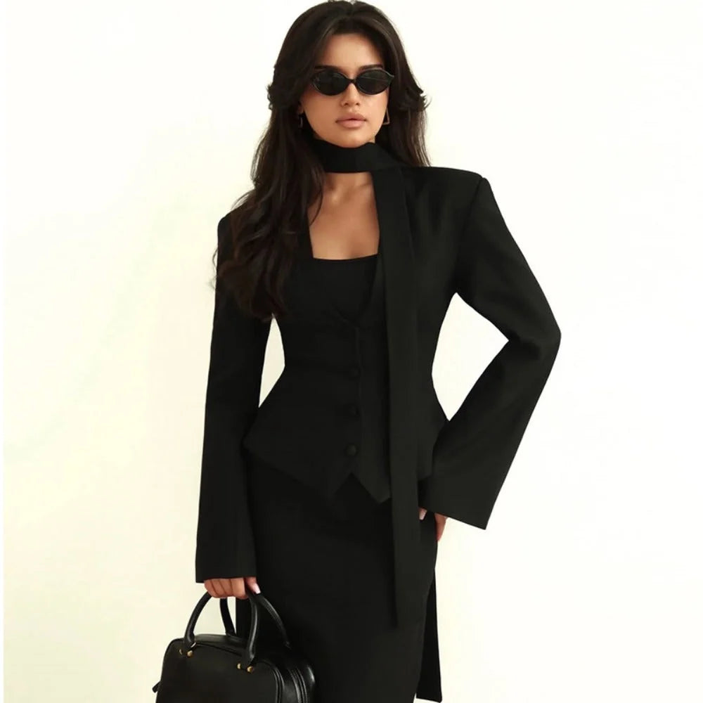 Long Sleeve Blazer Tailored Fit & Attached Scarf