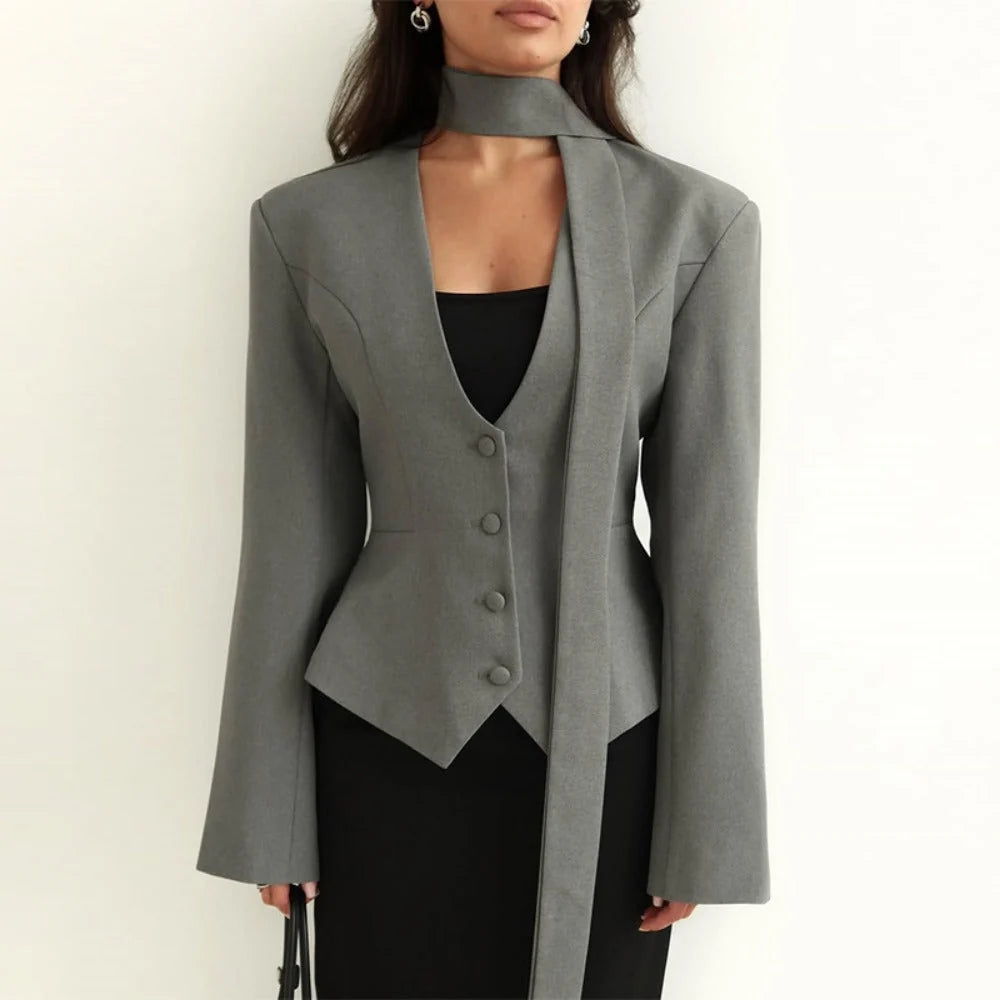 Long Sleeve Blazer Tailored Fit & Attached Scarf