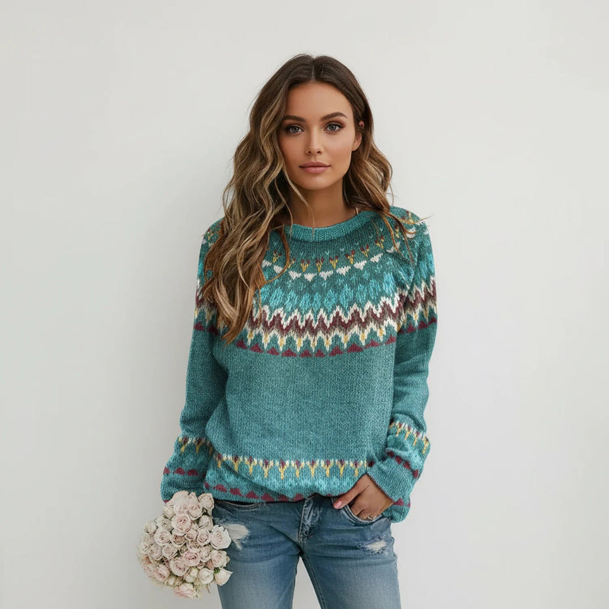 Long Sleeve Sweater Fair Isle Crewneck Relaxed Fit