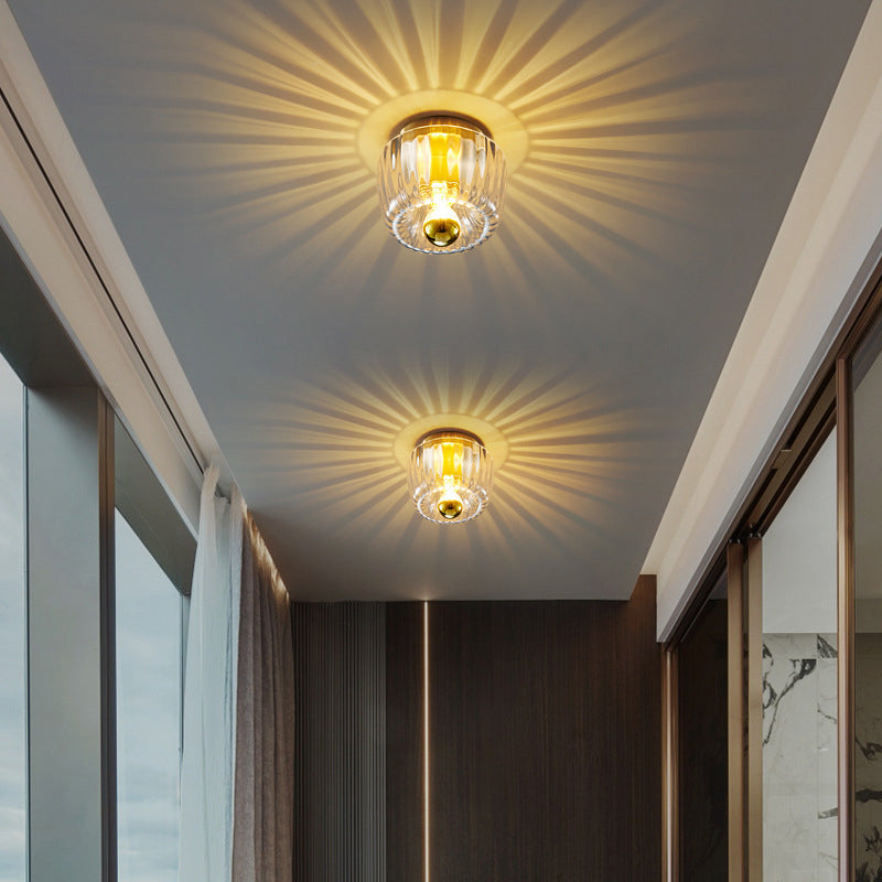 Low-Profile Copper & Glass Sun-Shaped Flush Mount Ceiling Light