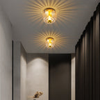 Low-Profile Copper & Glass Sun-Shaped Flush Mount Ceiling Light