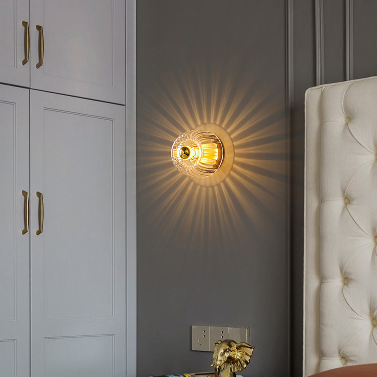 Low-Profile Copper & Glass Sun-Shaped Flush Mount Ceiling Light