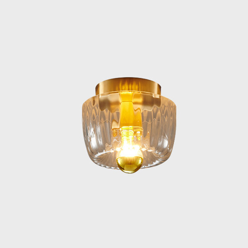 Low-Profile Copper & Glass Sun-Shaped Flush Mount Ceiling Light