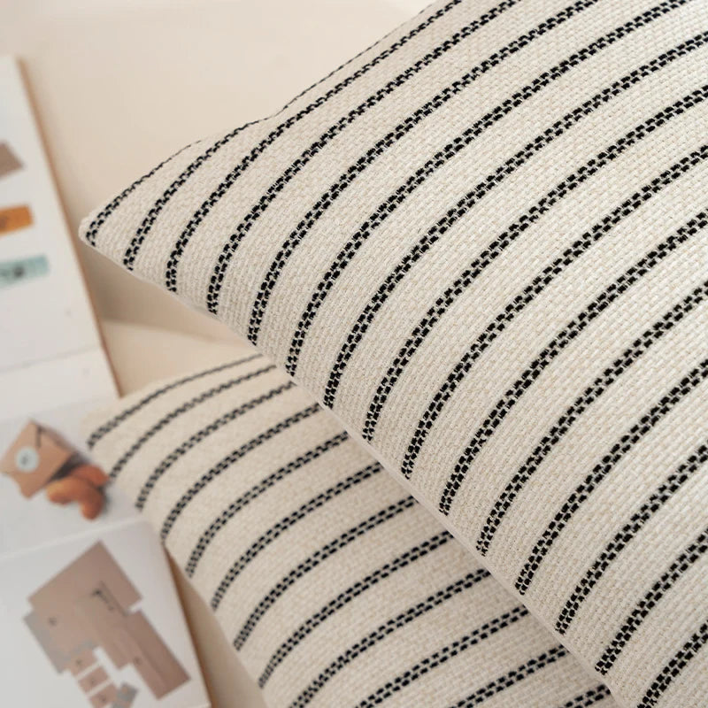 Lumbar Cushion Cover Cotton-Linen Handwoven Stripe Hidden Zipper