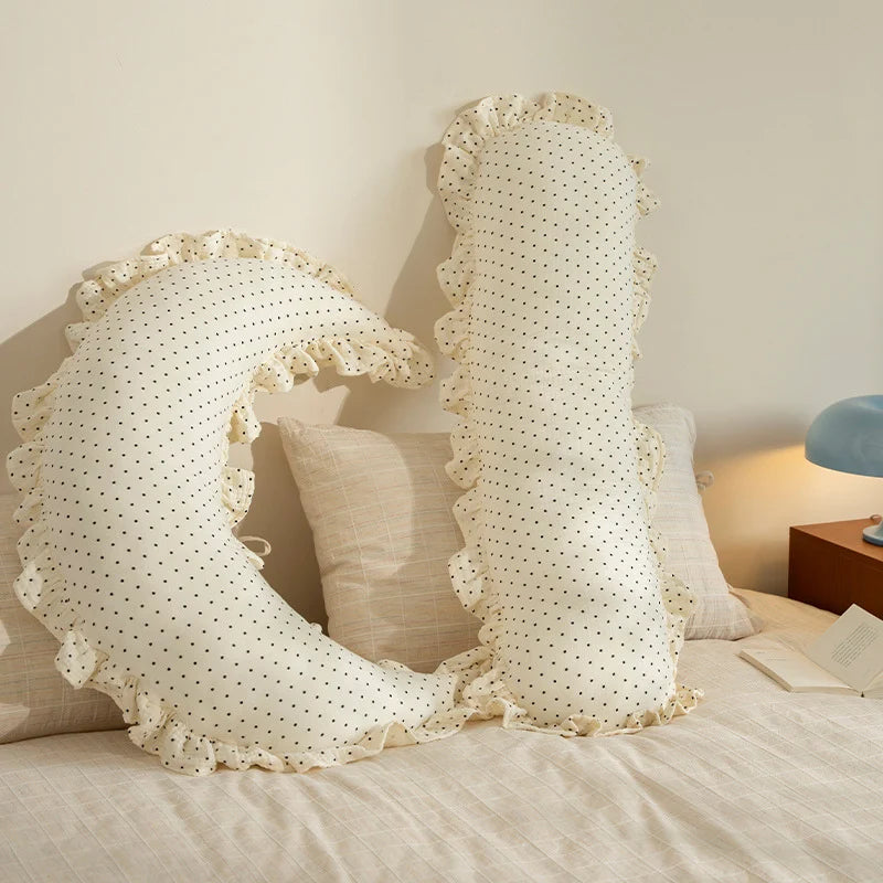 Lumbar Cushion Ruffled Trim & Polka Dot Cotton Blend