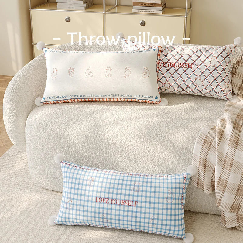 Lumbar Pillow Cover Argyle & Cat Motifs Pom-Pom Corners