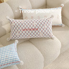 Lumbar Pillow Cover Argyle & Cat Motifs Pom-Pom Corners