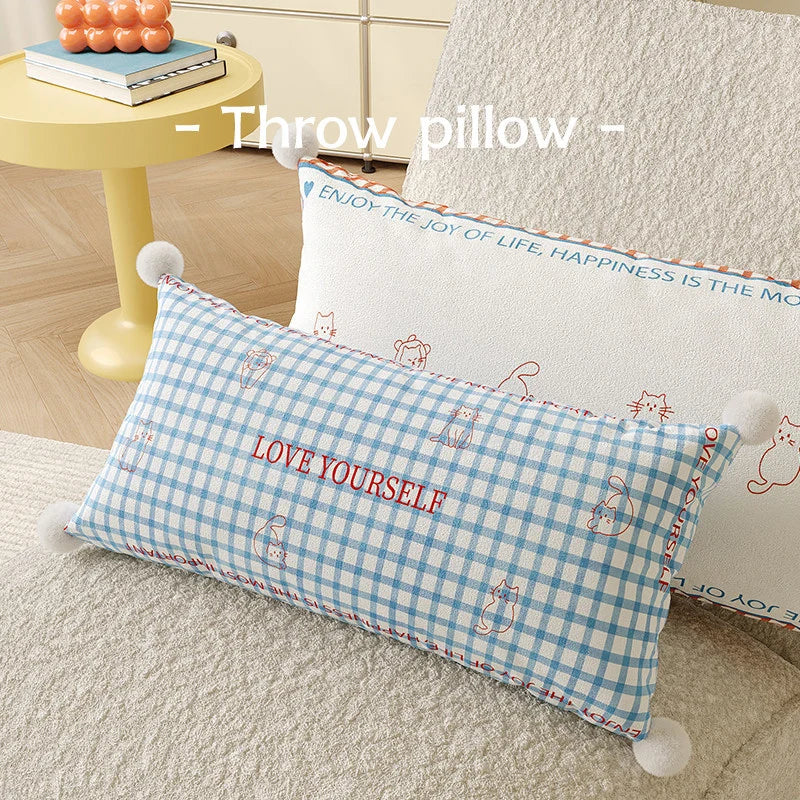 Lumbar Pillow Cover Argyle & Cat Motifs Pom-Pom Corners
