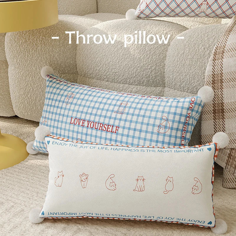 Lumbar Pillow Cover Argyle & Cat Motifs Pom-Pom Corners