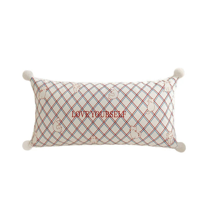 Lumbar Pillow Cover Argyle & Cat Motifs Pom-Pom Corners