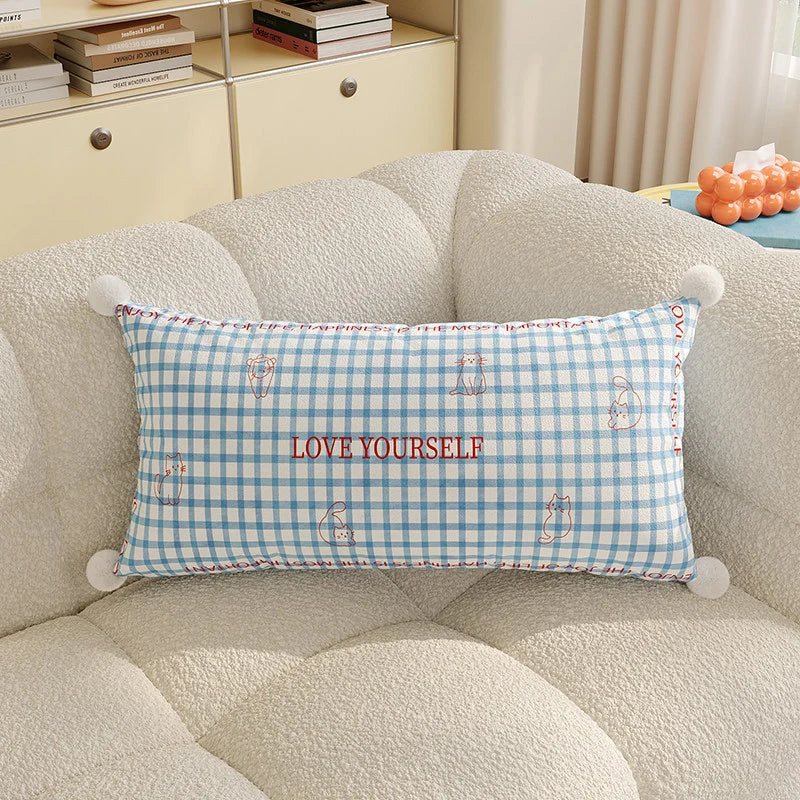 Lumbar Pillow Cover Argyle & Cat Motifs Pom-Pom Corners