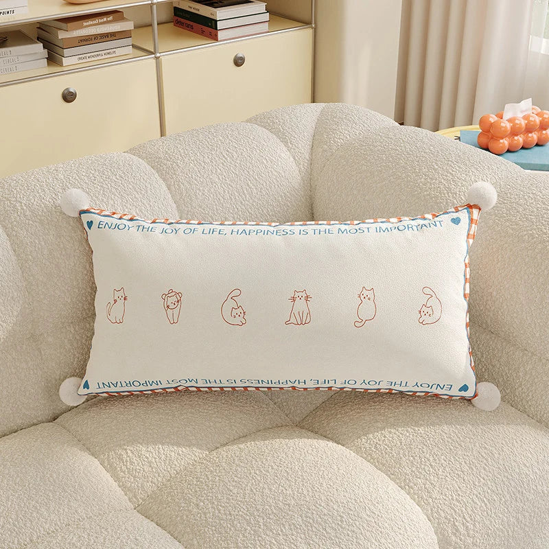 Lumbar Pillow Cover Argyle & Cat Motifs Pom-Pom Corners
