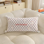 Lumbar Pillow Cover Argyle & Cat Motifs Pom-Pom Corners