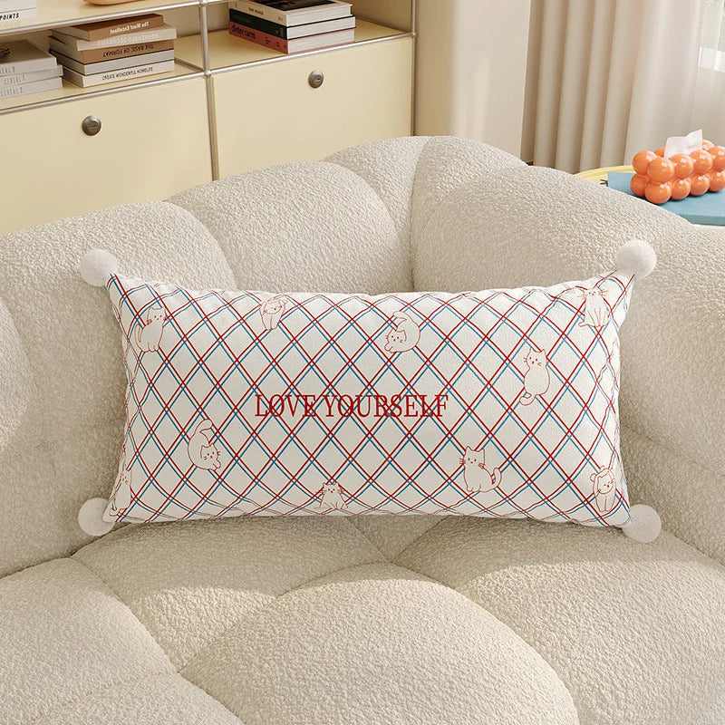 Lumbar Pillow Cover Argyle & Cat Motifs Pom-Pom Corners