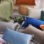 Lumbar Pillow Cover Cotton-Linen Blend Pom-Pom Trim Hidden Zipper