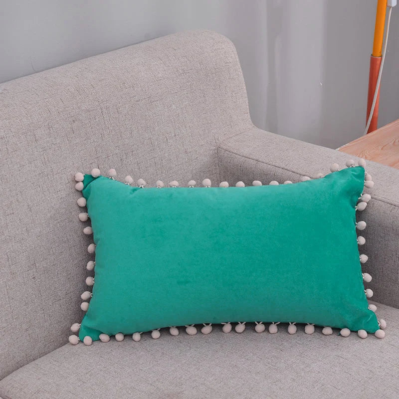 Lumbar Pillow Cover Cotton-Linen Blend Pom-Pom Trim Hidden Zipper
