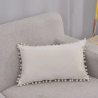 Lumbar Pillow Cover Cotton-Linen Blend Pom-Pom Trim Hidden Zipper