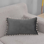 Lumbar Pillow Cover Cotton-Linen Blend Pom-Pom Trim Hidden Zipper