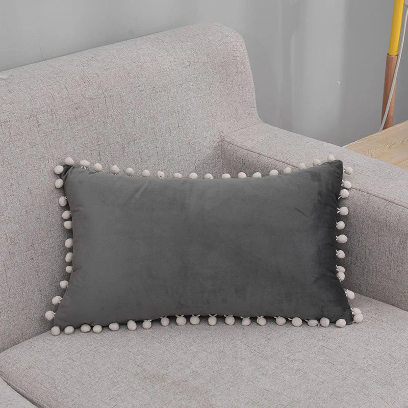 Lumbar Pillow Cover Cotton-Linen Blend Pom-Pom Trim Hidden Zipper