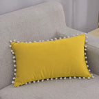 Lumbar Pillow Cover Cotton-Linen Blend Pom-Pom Trim Hidden Zipper