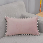Lumbar Pillow Cover Cotton-Linen Blend Pom-Pom Trim Hidden Zipper