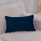 Lumbar Pillow Cover Cotton-Linen Blend Pom-Pom Trim Hidden Zipper