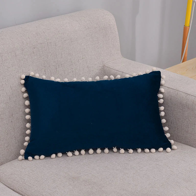 Lumbar Pillow Cover Cotton-Linen Blend Pom-Pom Trim Hidden Zipper