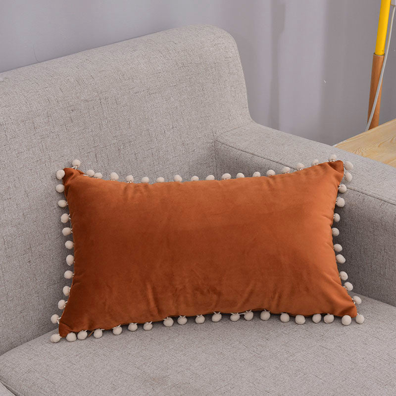 Lumbar Pillow Cover Cotton-Linen Blend Pom-Pom Trim Hidden Zipper