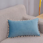 Lumbar Pillow Cover Cotton-Linen Blend Pom-Pom Trim Hidden Zipper