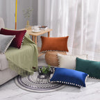 Lumbar Pillow Cover Cotton-Linen Blend Pom-Pom Trim Hidden Zipper