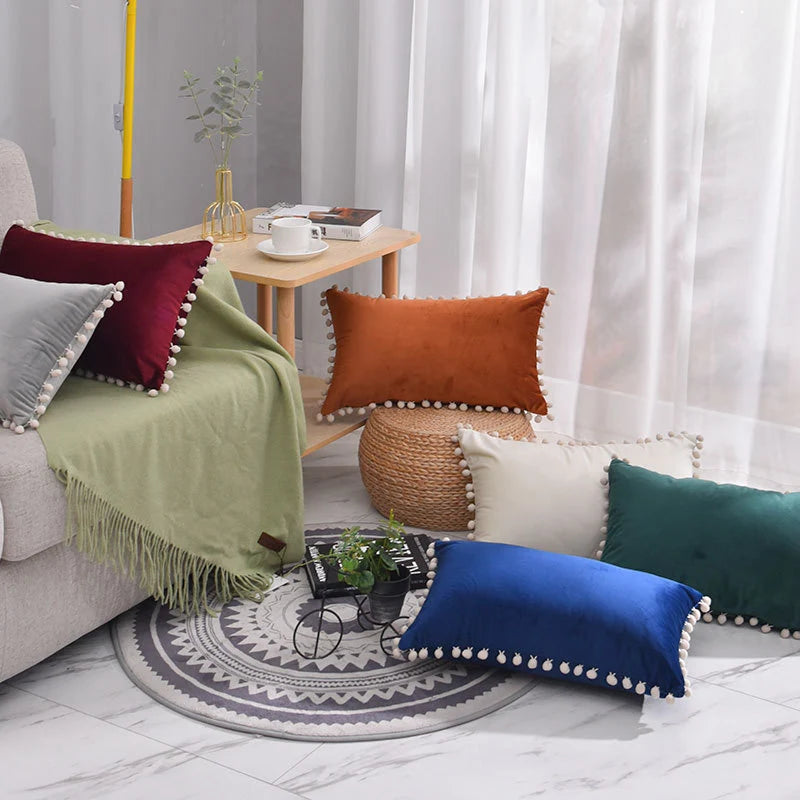 Lumbar Pillow Cover Cotton-Linen Blend Pom-Pom Trim Hidden Zipper