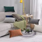 Lumbar Pillow Cover Cotton-Linen Blend Pom-Pom Trim Hidden Zipper