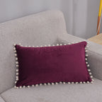 Lumbar Pillow Cover Cotton-Linen Blend Pom-Pom Trim Hidden Zipper