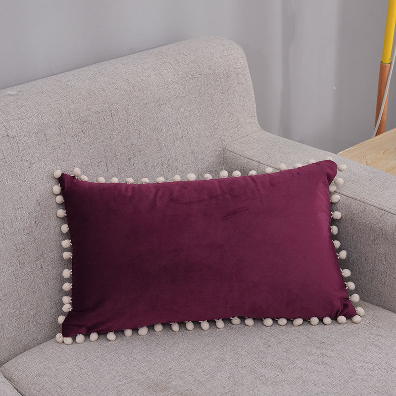 Lumbar Pillow Cover Cotton-Linen Blend Pom-Pom Trim Hidden Zipper