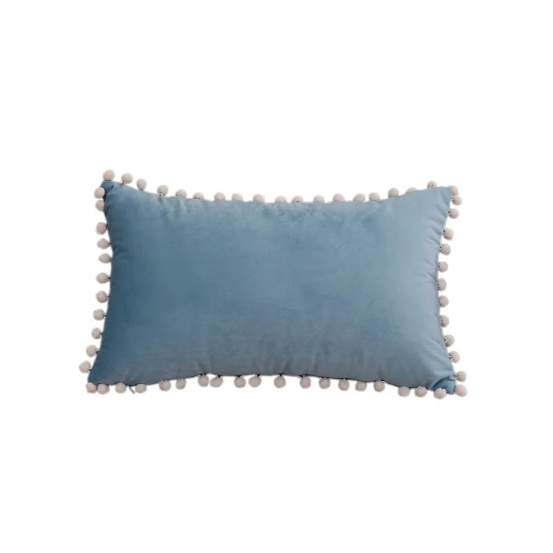 Lumbar Pillow Cover Cotton-Linen Blend Pom-Pom Trim Hidden Zipper