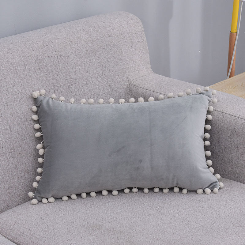 Lumbar Pillow Cover Cotton-Linen Blend Pom-Pom Trim Hidden Zipper