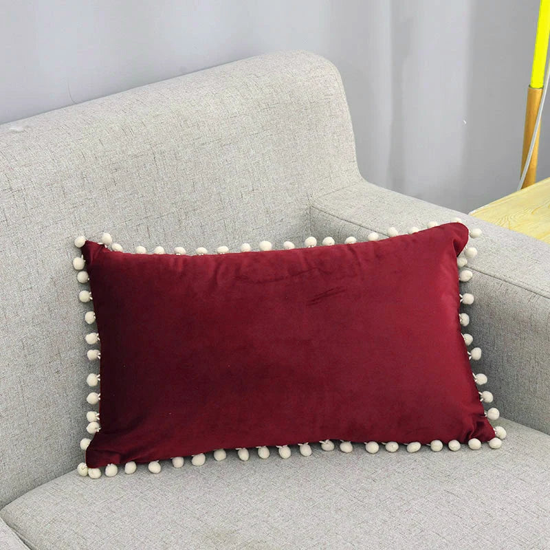 Lumbar Pillow Cover Cotton-Linen Blend Pom-Pom Trim Hidden Zipper