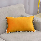 Lumbar Pillow Cover Cotton-Linen Blend Pom-Pom Trim Hidden Zipper