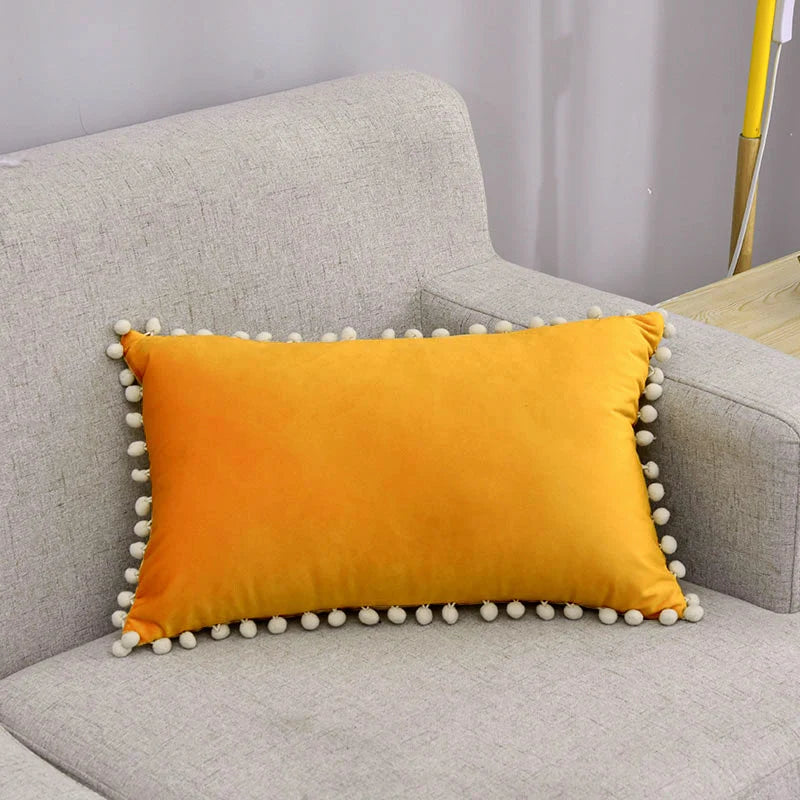 Lumbar Pillow Cover Cotton-Linen Blend Pom-Pom Trim Hidden Zipper