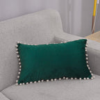 Lumbar Pillow Cover Cotton-Linen Blend Pom-Pom Trim Hidden Zipper