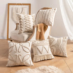 Lumbar Pillow Cover Cotton-Linen Loop-Tufted Applique Machine Washable