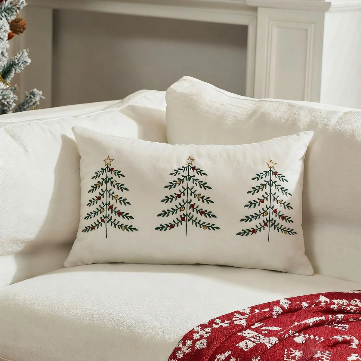 Lumbar Pillow Cover Embroidered Christmas Trees Hidden Zipper
