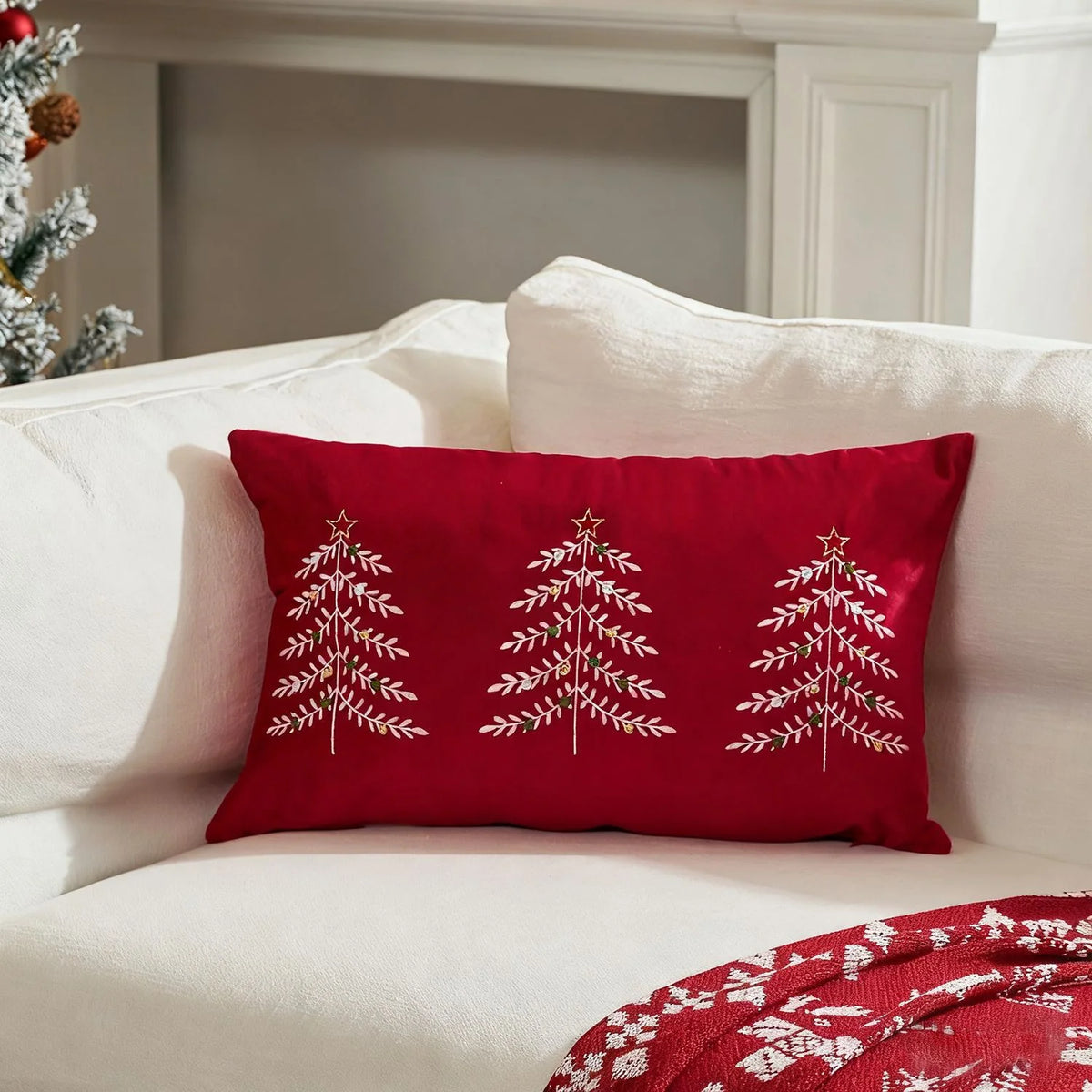 Lumbar Pillow Cover Embroidered Christmas Trees Hidden Zipper