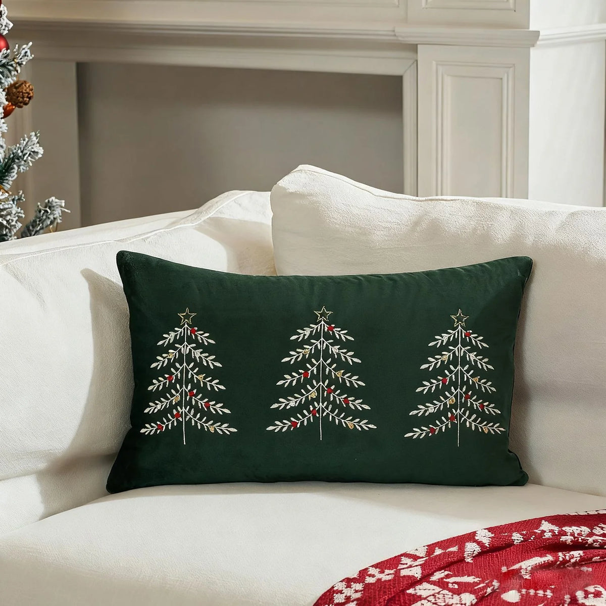 Lumbar Pillow Cover Embroidered Christmas Trees Hidden Zipper
