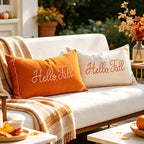 Lumbar Pillow Cover Embroidered Hello Fall Linen-Look Hidden Zipper