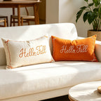Lumbar Pillow Cover Embroidered Hello Fall Linen-Look Hidden Zipper