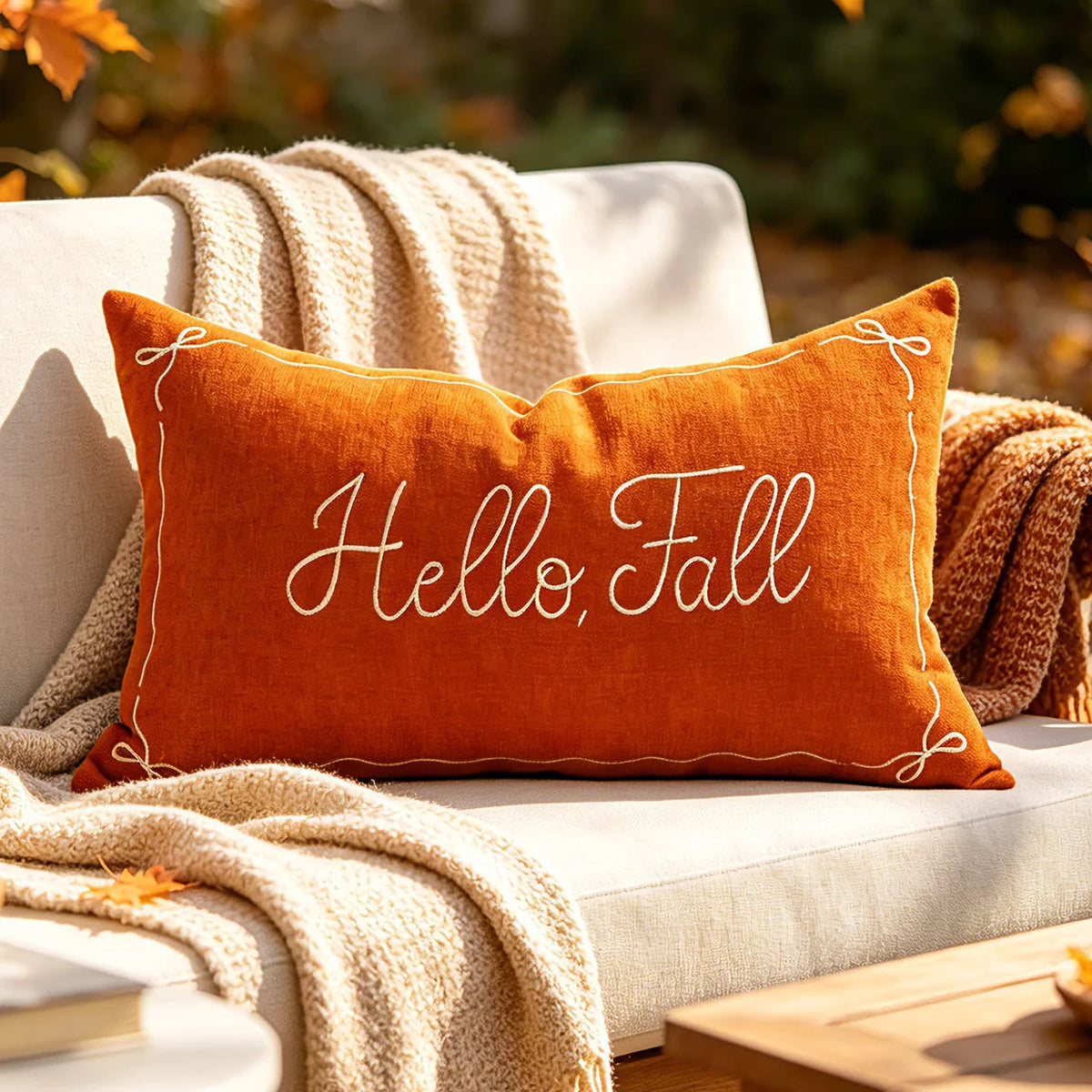 Lumbar Pillow Cover Embroidered Hello Fall Linen-Look Hidden Zipper