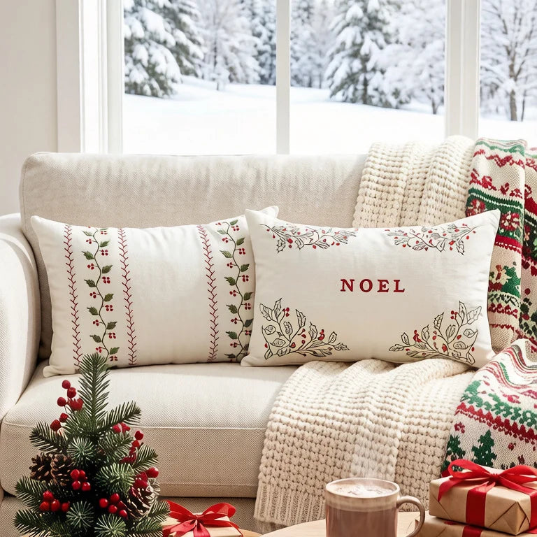 Lumbar Pillow Cover Embroidered Holly Cotton-Linen Hidden Zipper