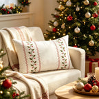 Lumbar Pillow Cover Embroidered Holly Cotton-Linen Hidden Zipper