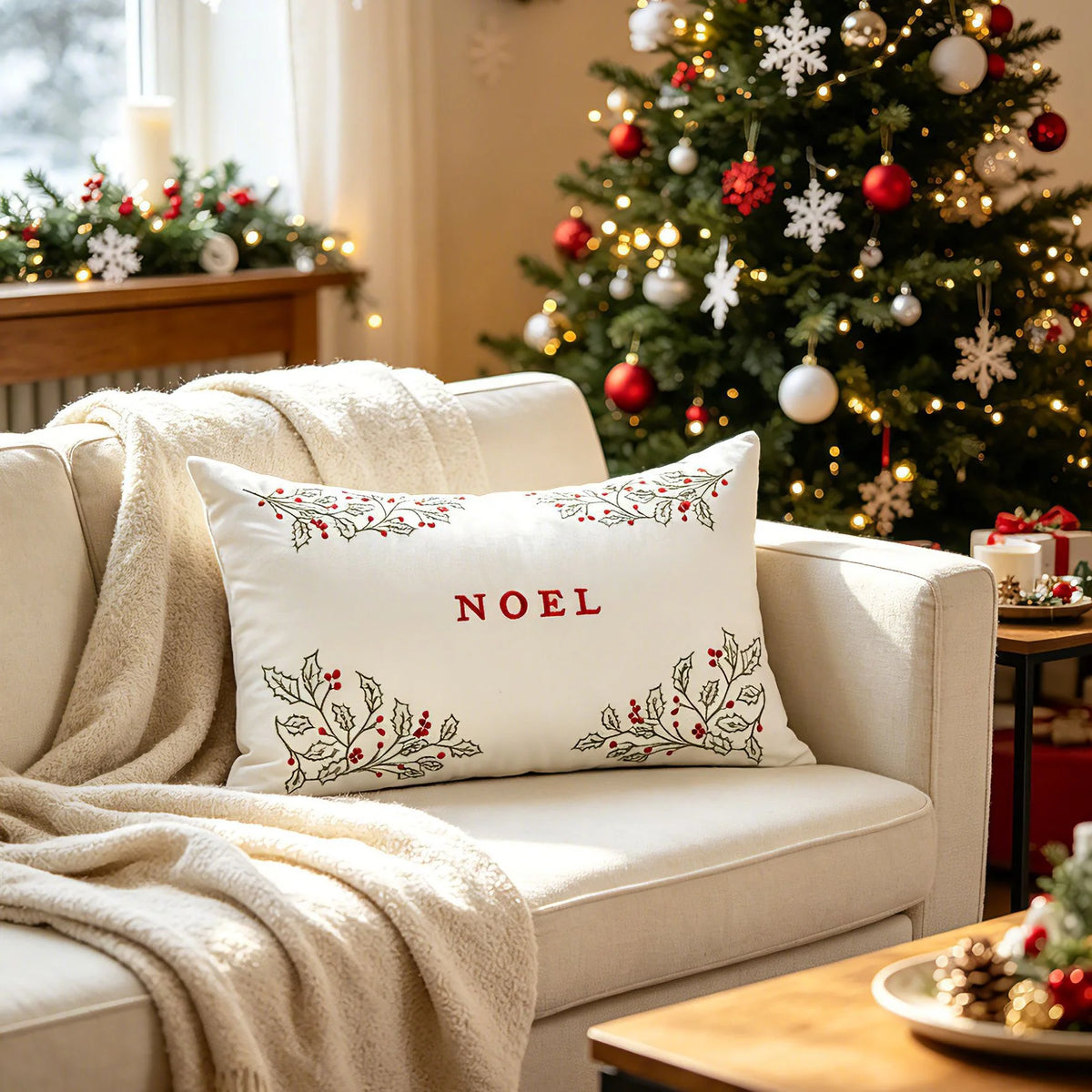 Lumbar Pillow Cover Embroidered Holly Cotton-Linen Hidden Zipper